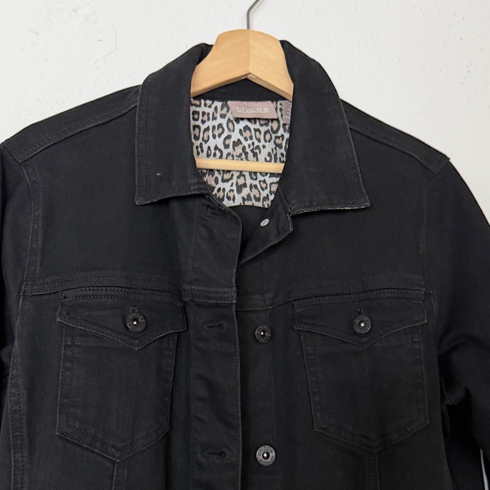 Chicos Black Denim Jacket w/ animal print accents Sz. L (2) - Picture 4 of 7